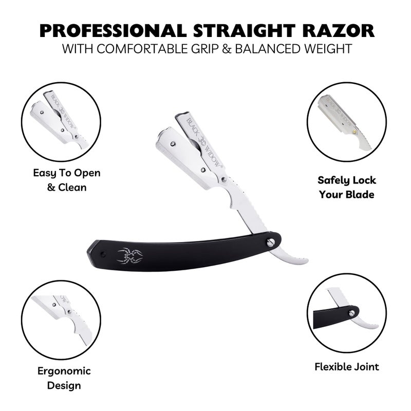 Black Widow Professional Straight Edge Razor Kit with 10 Blades – Stainless Steel Barber Razor for Men’s Shaving, Classic Barbero Shaver for Smooth, Precise, and Comfortable Shaves - Image 3